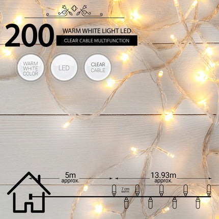 Indoor/Outdoor 8 Function LED Waterproof Fairy Lights with Clear Cable (200) - Warm White-8800225807109-Bargainia.com
