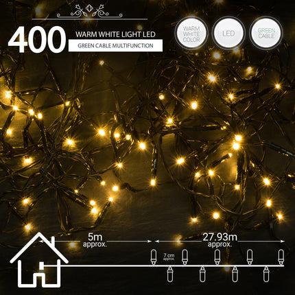 Indoor/Outdoor 8 Function LED Waterproof Fairy Lights with Green Cable (400) - Warm White-8800225809899-Bargainia.com