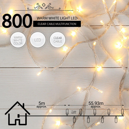 Indoor/Outdoor 8 Function LED Waterproof Fairy Lights with Clear Cable (800) - Warm White-8800225811519-Bargainia.com