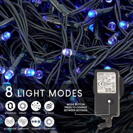 Indoor/Outdoor 8 Function LED Waterproof Fairy Lights with Green Cable (1000) - Blue-8800225812059-Bargainia.com
