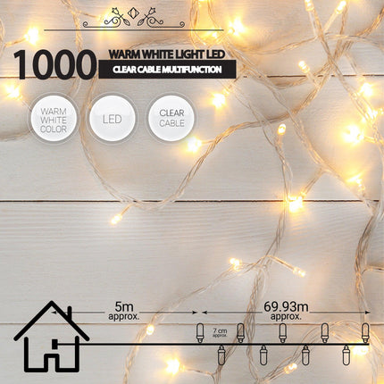 Indoor/Outdoor 8 Function LED Waterproof Fairy Lights with Clear Cable (1000) - Warm White-8800225812349-Bargainia.com