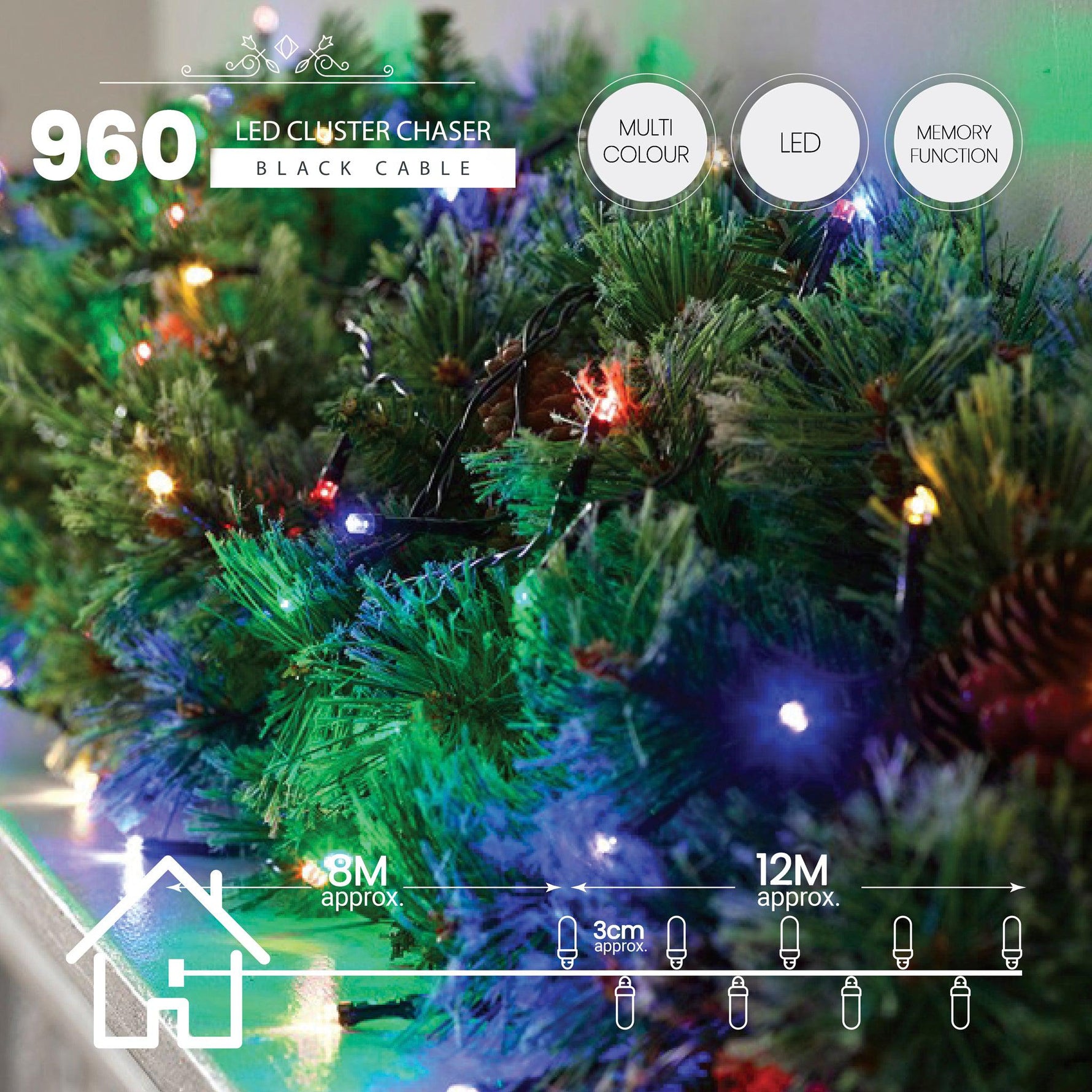 960 LED Cluster Lights - Multi Colour - 12M - Bargainia.com - 