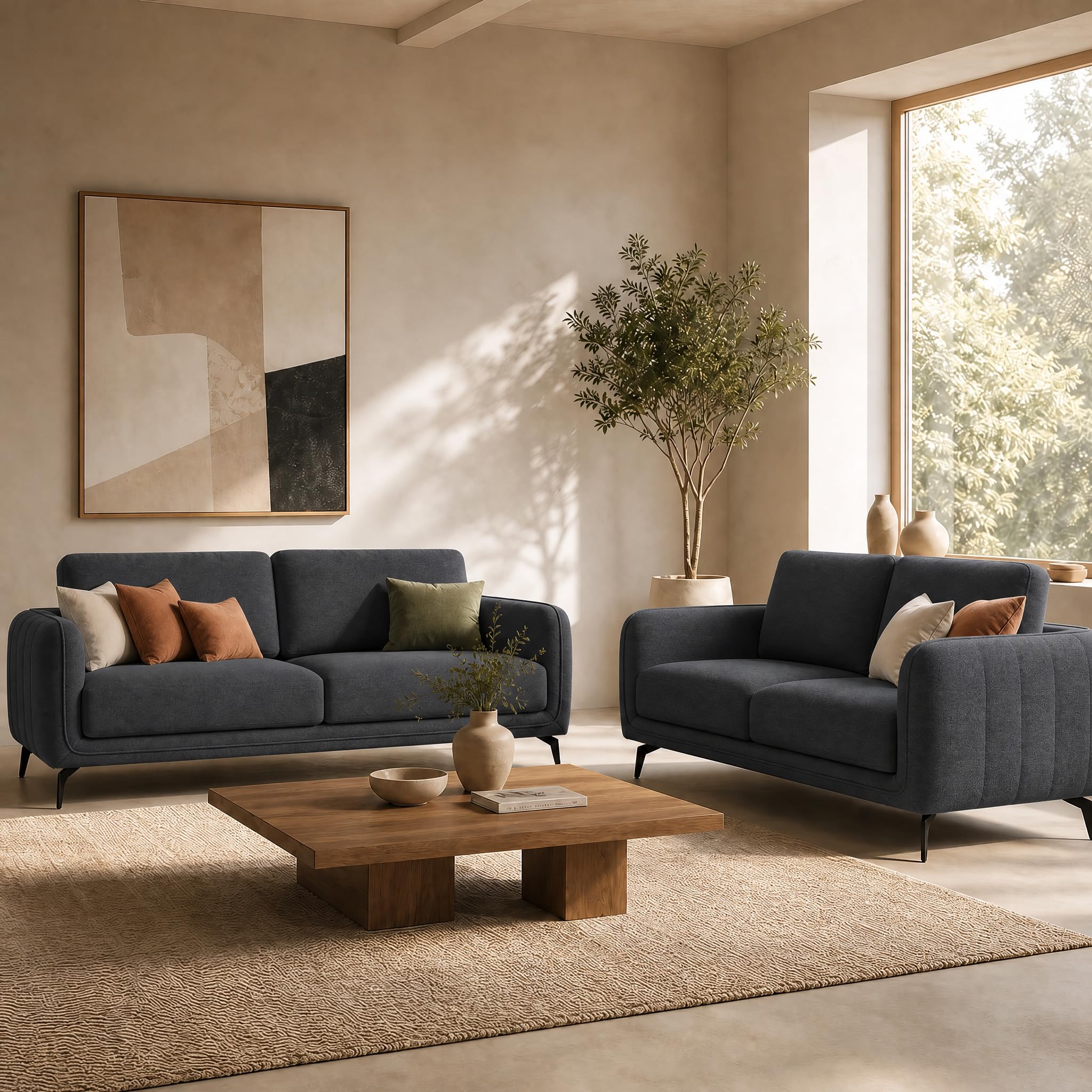 Brixton Dark Grey Fabric Sofa Set, 2 Seater and 3 Seater Linen Look Settees with Solid Wood Frame and Steel Legs