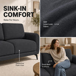 Brixton Dark Grey Fabric Sofa, 2 Seater Linen Look Settee with Solid Wood Frame, Foam Cushions and Steel Legs