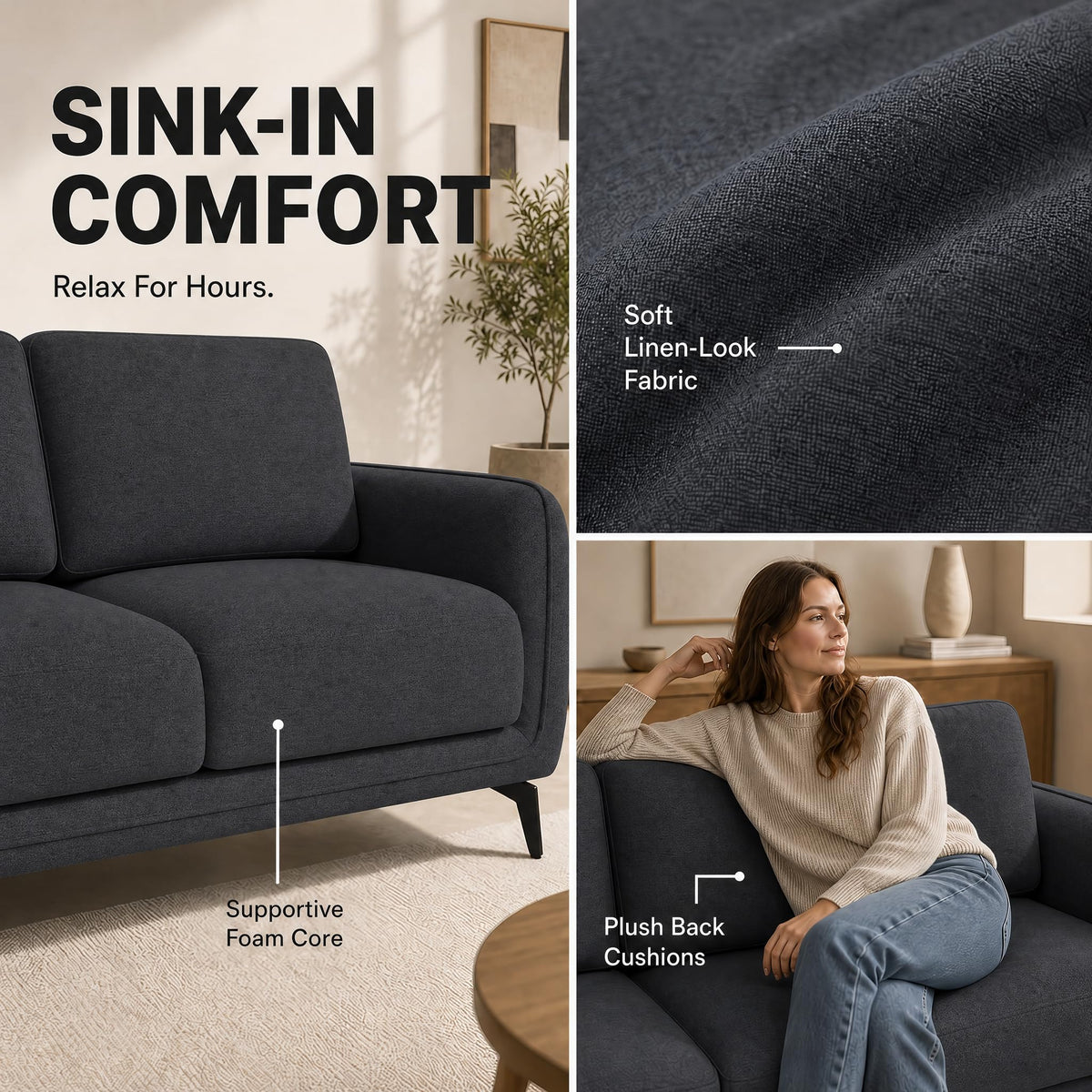 Brixton Dark Grey Fabric Sofa, 2 Seater Linen Look Settee with Solid Wood Frame, Foam Cushions and Steel Legs