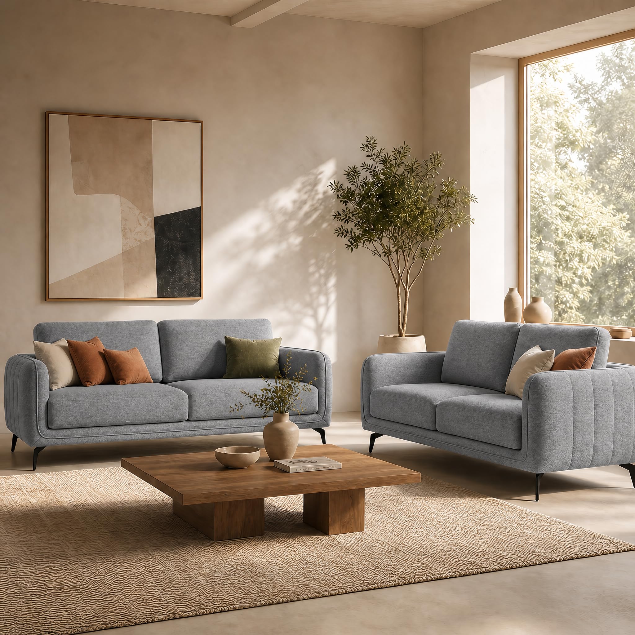 Brixton Grey Fabric Sofa Set, 2 Seater and 3 Seater Linen Look Settees with Solid Wood Frame and Steel Legs