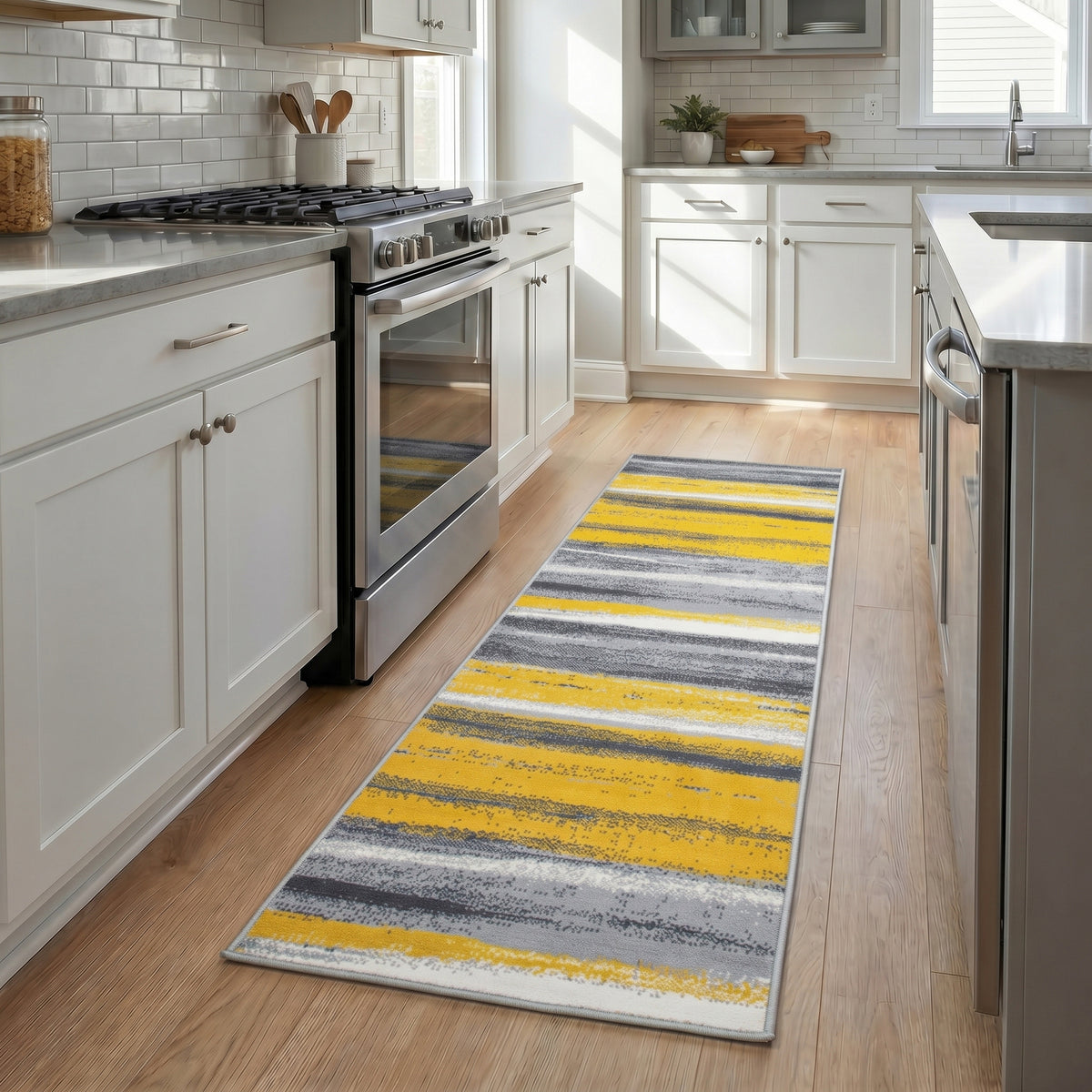 Texas Abstract Stripe Stair Runner, Mustard Yellow, Grey and White Hessian Backed Hallway Runner, Custom Length