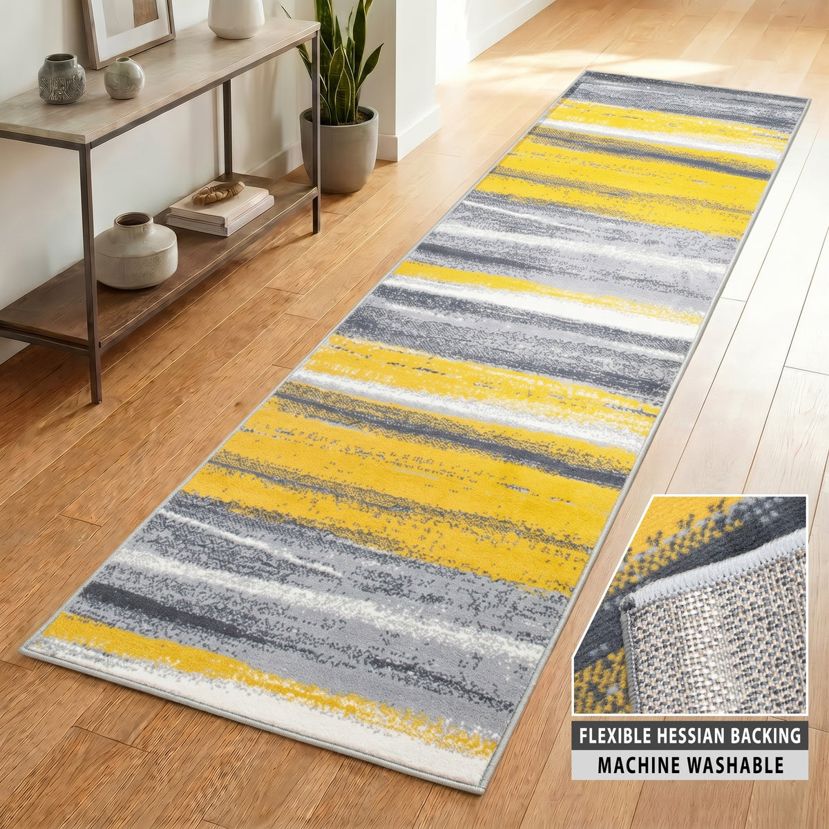 Texas Abstract Stripe Stair Runner, Mustard Yellow, Grey and White Hessian Backed Hallway Runner, Custom Length