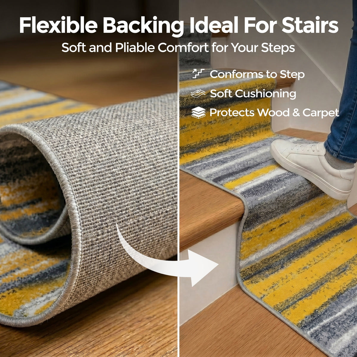 Texas Abstract Stripe Stair Runner, Mustard Yellow, Grey and White Hessian Backed Hallway Runner, Custom Length