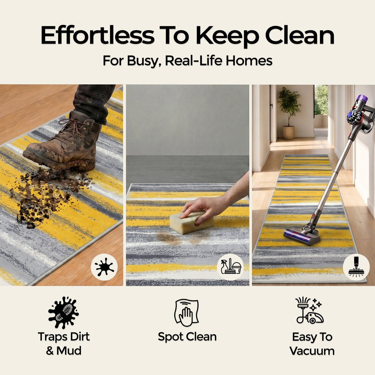 Texas Abstract Stripe Stair Runner, Mustard Yellow, Grey and White Hessian Backed Hallway Runner, Custom Length
