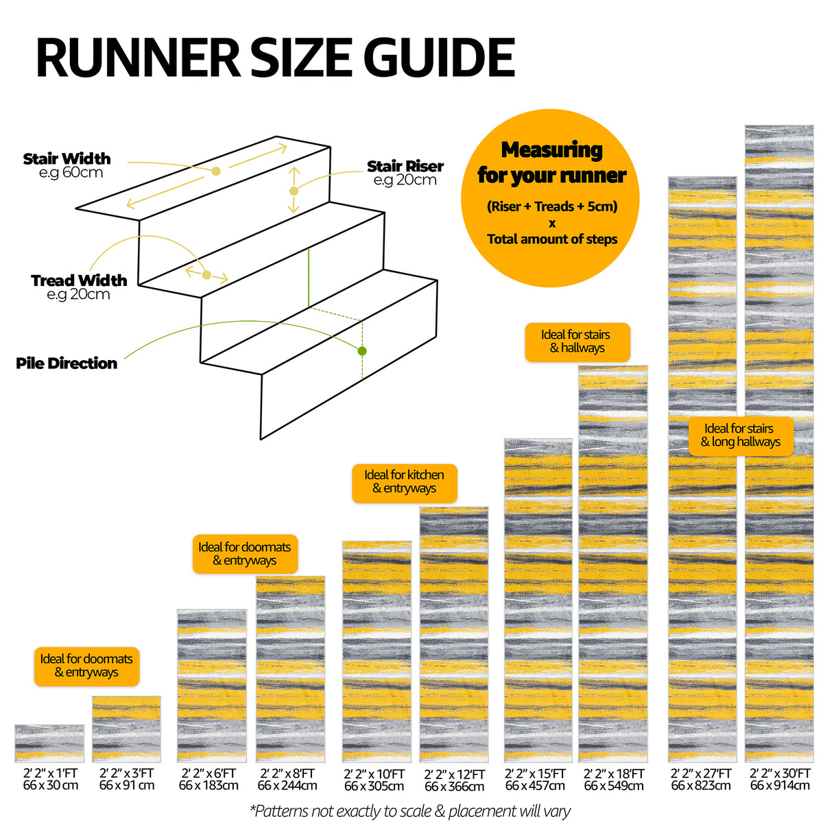 Texas Abstract Stripe Stair Runner, Mustard Yellow, Grey and White Hessian Backed Hallway Runner, Custom Length