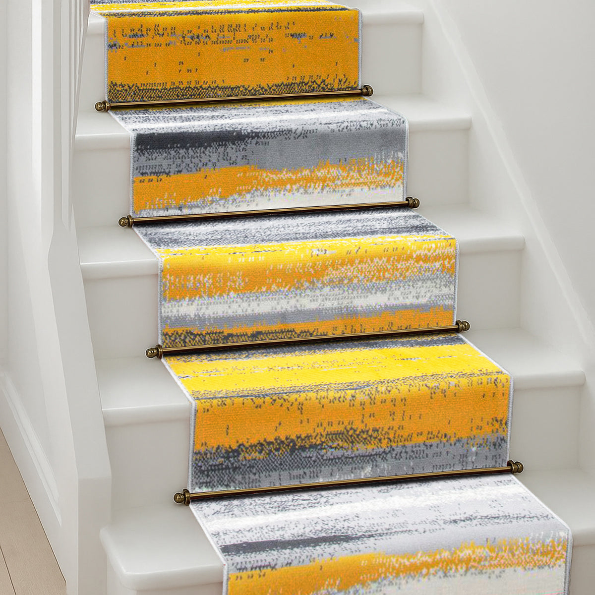 Texas Abstract Stripe Stair Runner, Mustard Yellow, Grey and White Hessian Backed Hallway Runner, Custom Length