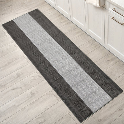 Stair Runner Non-Slip Kitchen Mat - London Grey & Silver Greek Border