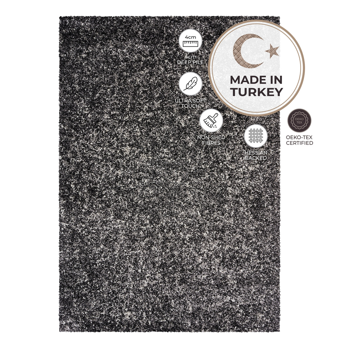 Enjoy Grey Mottled Shaggy Rug, 4cm Thick Pile, Non-Shedding Polypropylene, Hessian Backed, Underfloor Heating Safe
