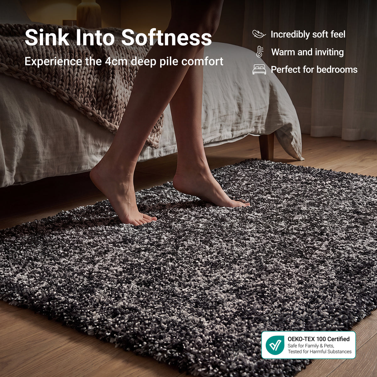 Enjoy Grey Mottled Shaggy Rug, 4cm Thick Pile, Non-Shedding Polypropylene, Hessian Backed, Underfloor Heating Safe