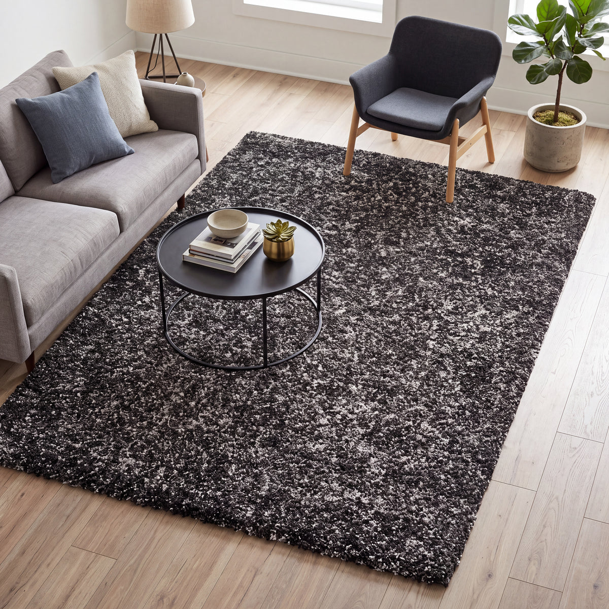 Enjoy Grey Mottled Shaggy Rug, 4cm Thick Pile, Non-Shedding Polypropylene, Hessian Backed, Underfloor Heating Safe