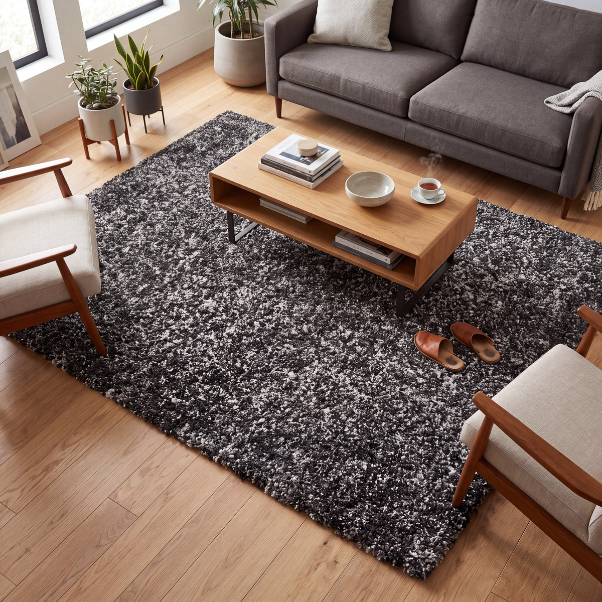 Enjoy Grey Mottled Shaggy Rug, 4cm Thick Pile, Non-Shedding Polypropylene, Hessian Backed, Underfloor Heating Safe