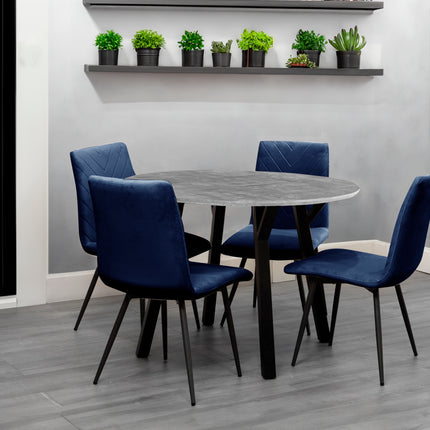 Concrete Effect Round Dining Table 1.1m  & 4 x Blue Velvet Chairs