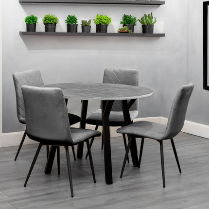 Concrete Effect Round Dining Table 1.1m & 4 Grey Velvet Chairs