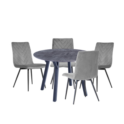 Concrete Effect Round Dining Table 1.1m & 4 Grey Velvet Chairs