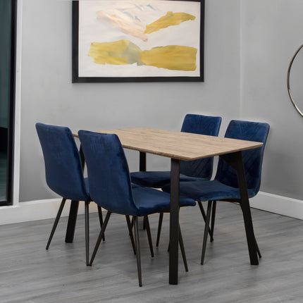 Oak Finish Dining Table 1.2m & 4 x Blue Velvet Chairs