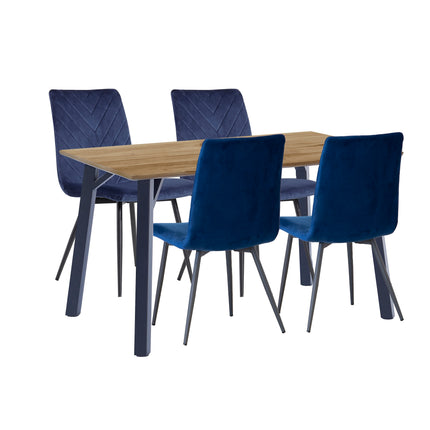 Oak Finish Dining Table 1.2m & 4 x Blue Velvet Chairs