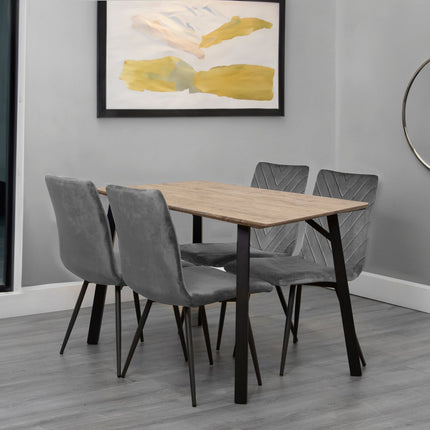 Oak Finish Dining Table 1.2m & 4 Grey Velvet Chairs Set