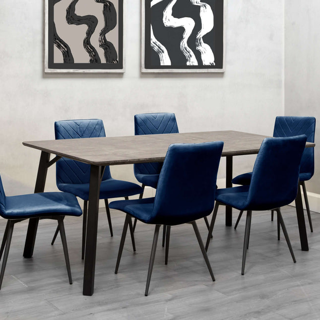 Concrete Effect Table 1.8m & 6 x Blue Velvet Chairs