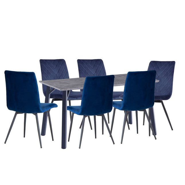 Concrete Effect Table 1.8m & 6 x Blue Velvet Chairs