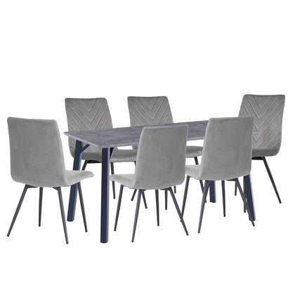 Concrete Effect Dining Table 1.8m & 6 x Grey Velvet Chairs