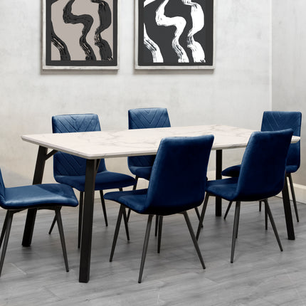 Marble Effect Table 1.8m & 6 x Blue Velvet Chairs