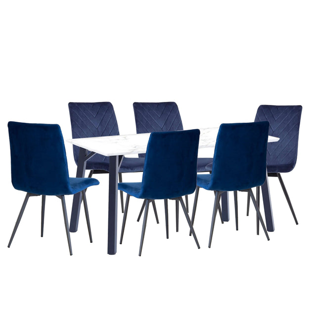 Marble Effect Table 1.8m & 6 x Blue Velvet Chairs