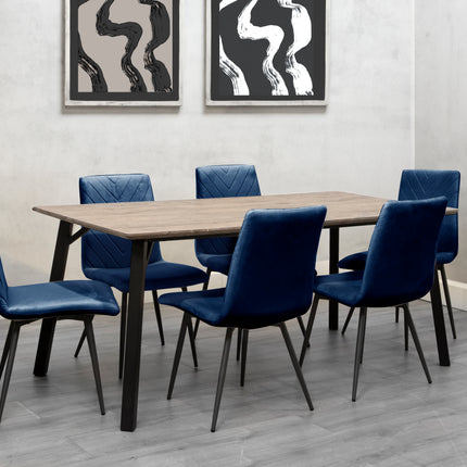 Oak Finish Dining Table 1.8m & 6 x Velvet Blue Chairs