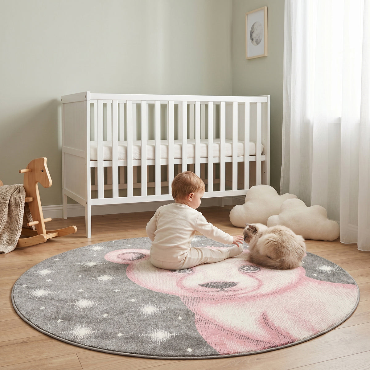 Bambi Pink Bear Kids Rug, Soft 13mm Pile Nursery and Children's Bedroom Rug, OEKO-TEX Tested, Round and Rectangle