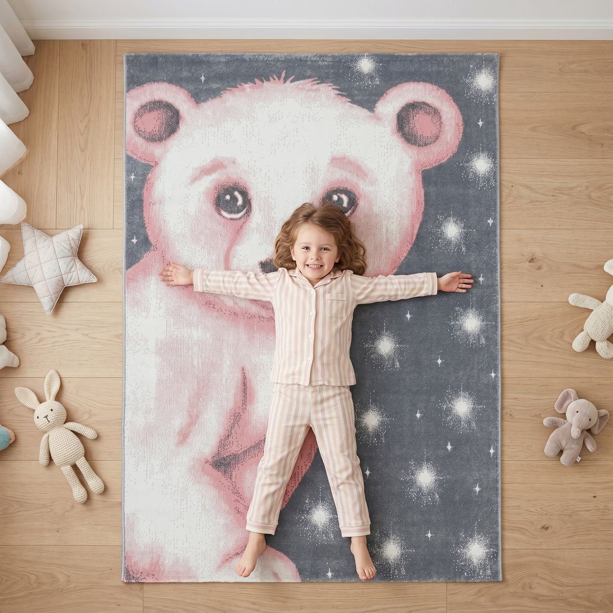 Bambi Pink Bear Kids Rug, Soft 13mm Pile Nursery and Children's Bedroom Rug, OEKO-TEX Tested, Round and Rectangle