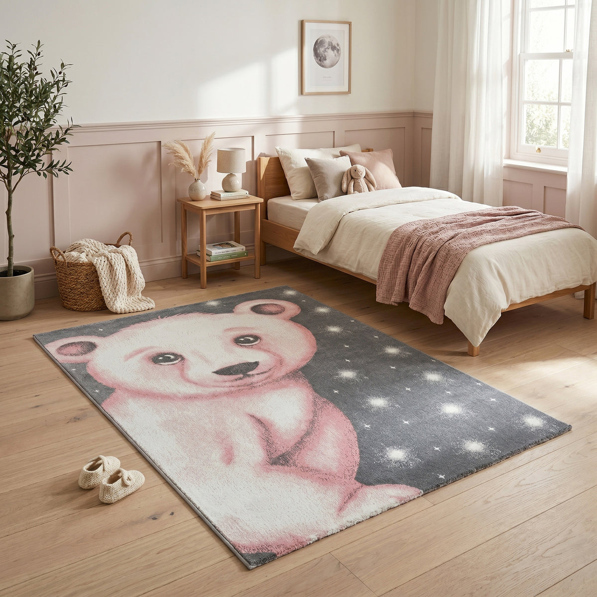 Bambi Pink Bear Kids Rug, Soft 13mm Pile Nursery and Children's Bedroom Rug, OEKO-TEX Tested, Round and Rectangle