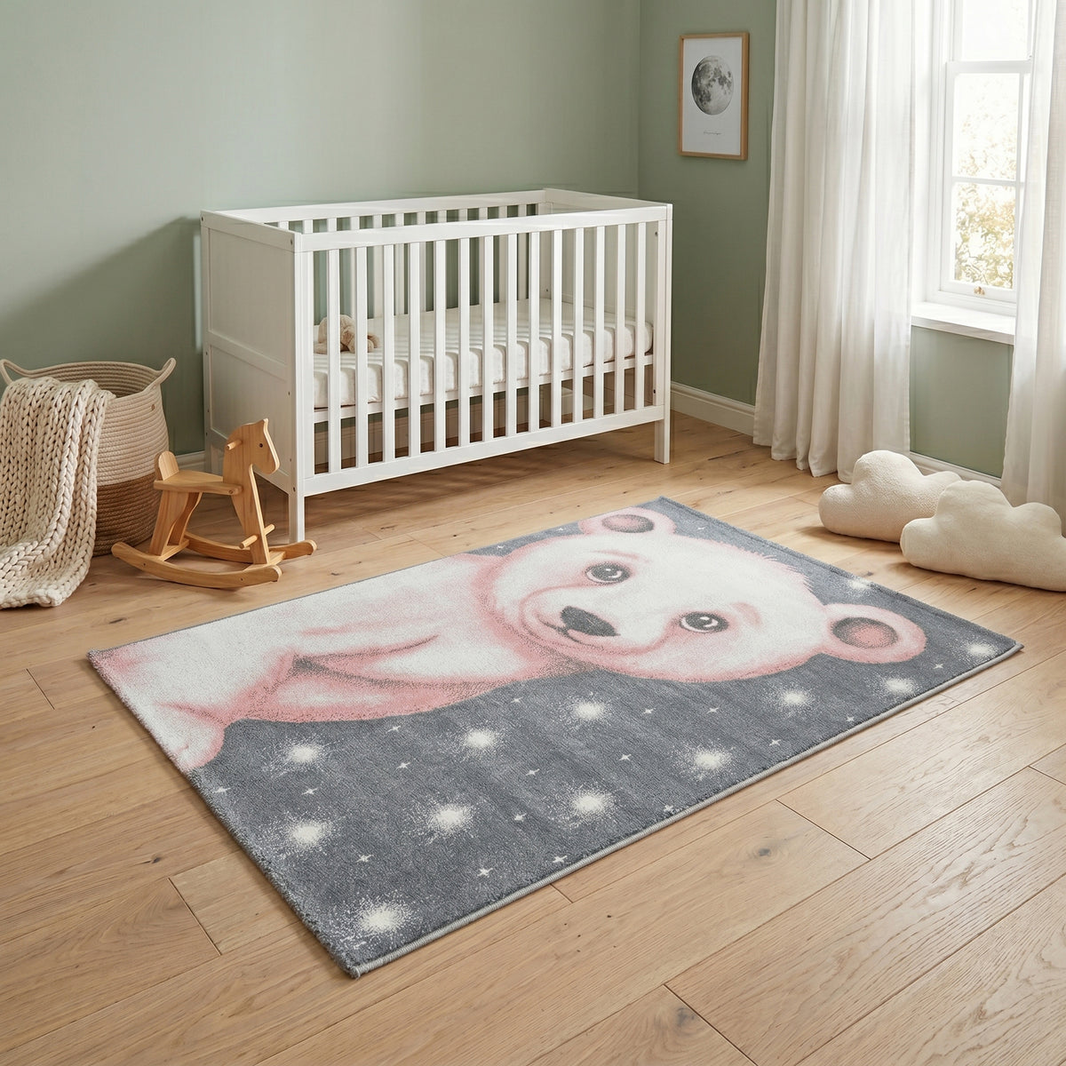 Bambi Pink Bear Kids Rug, Soft 13mm Pile Nursery and Children's Bedroom Rug, OEKO-TEX Tested, Round and Rectangle