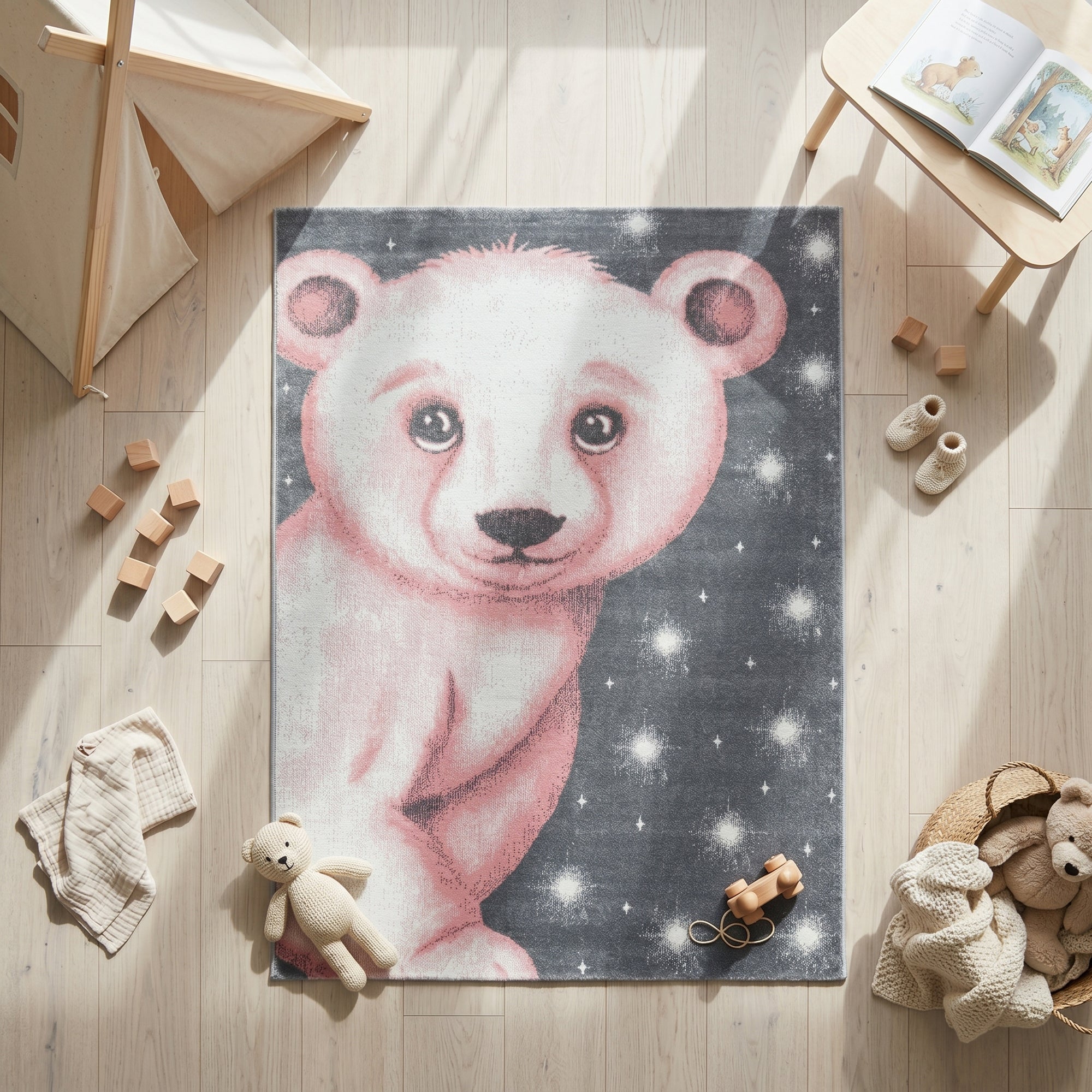 Bambi Pink Bear Kids Rug, Soft 13mm Pile Nursery and Children's Bedroom Rug, OEKO-TEX Tested, Round and Rectangle