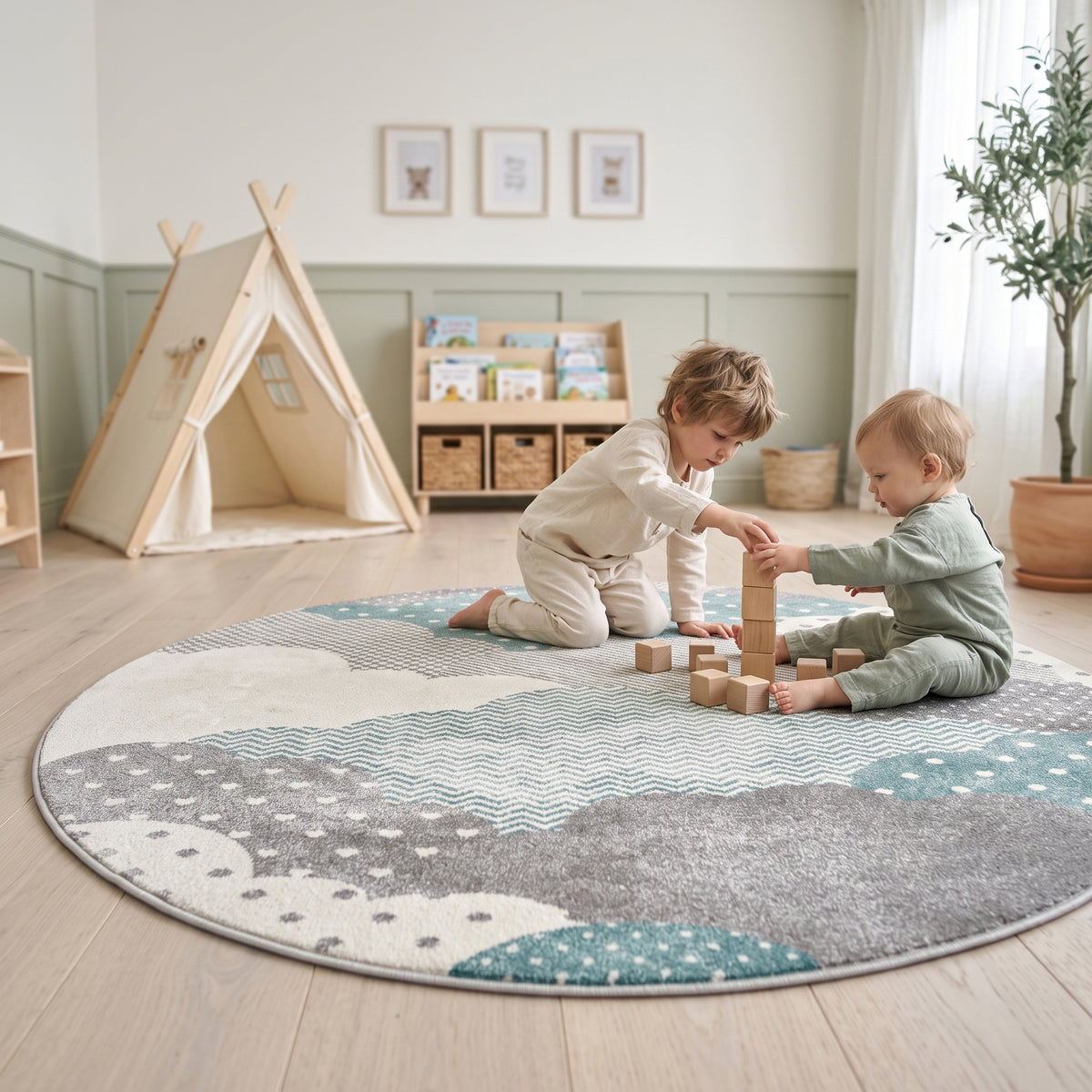 Bambi Blue and Grey Clouds Kids Rug, Soft 13mm Pile Nursery and Children's Bedroom Play Mat, Rectangle and Round