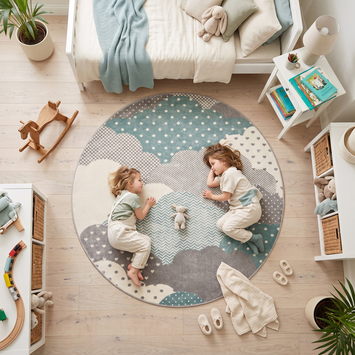 Bambi Blue and Grey Clouds Kids Rug, Soft 13mm Pile Nursery and Children's Bedroom Play Mat, Rectangle and Round