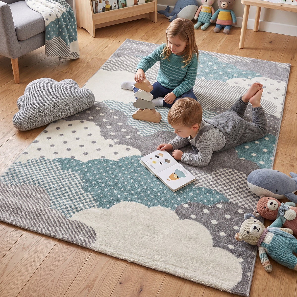 Bambi Blue and Grey Clouds Kids Rug, Soft 13mm Pile Nursery and Children's Bedroom Play Mat, Rectangle and Round