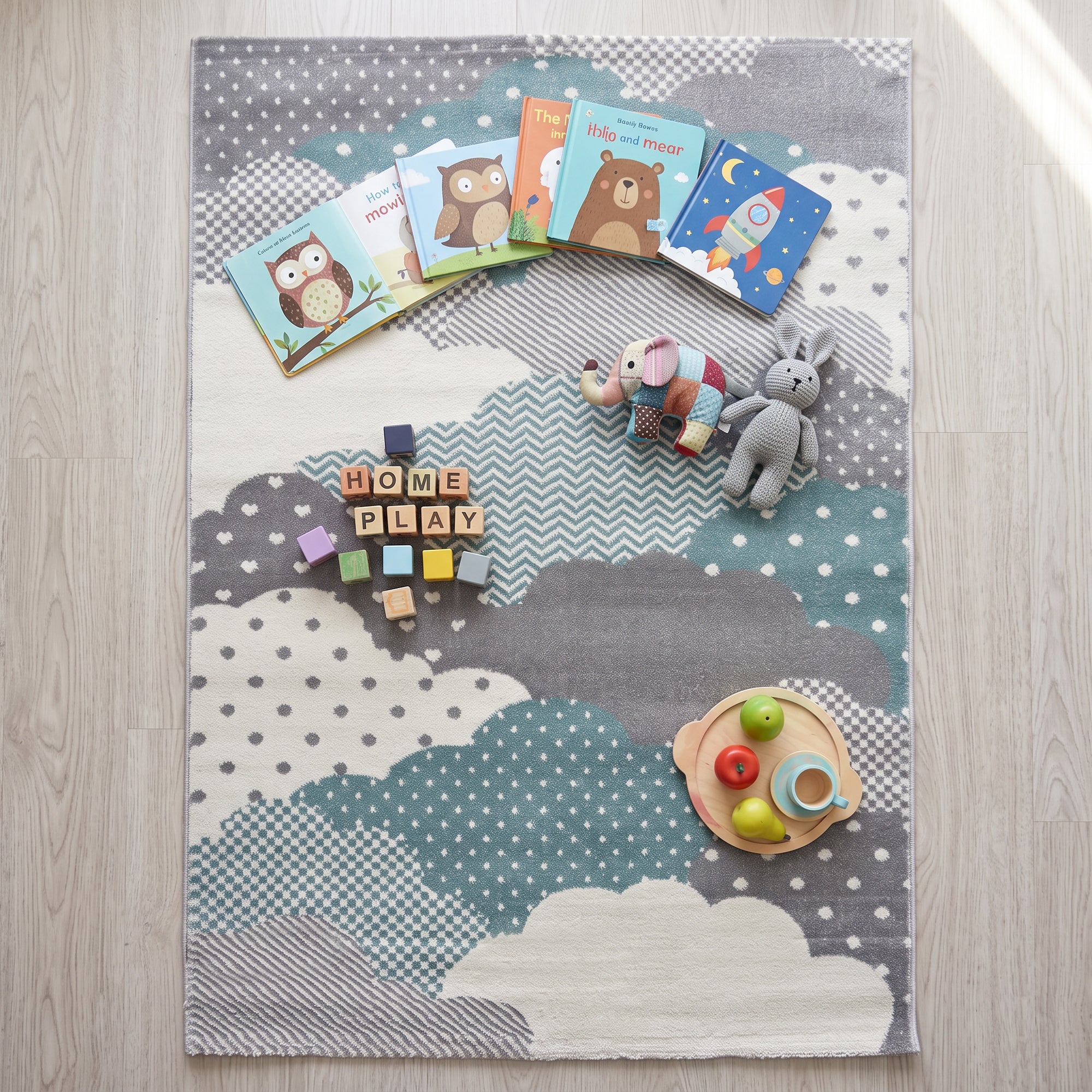 Bambi Blue and Grey Clouds Kids Rug, Soft 13mm Pile Nursery and Children's Bedroom Play Mat, Rectangle and Round