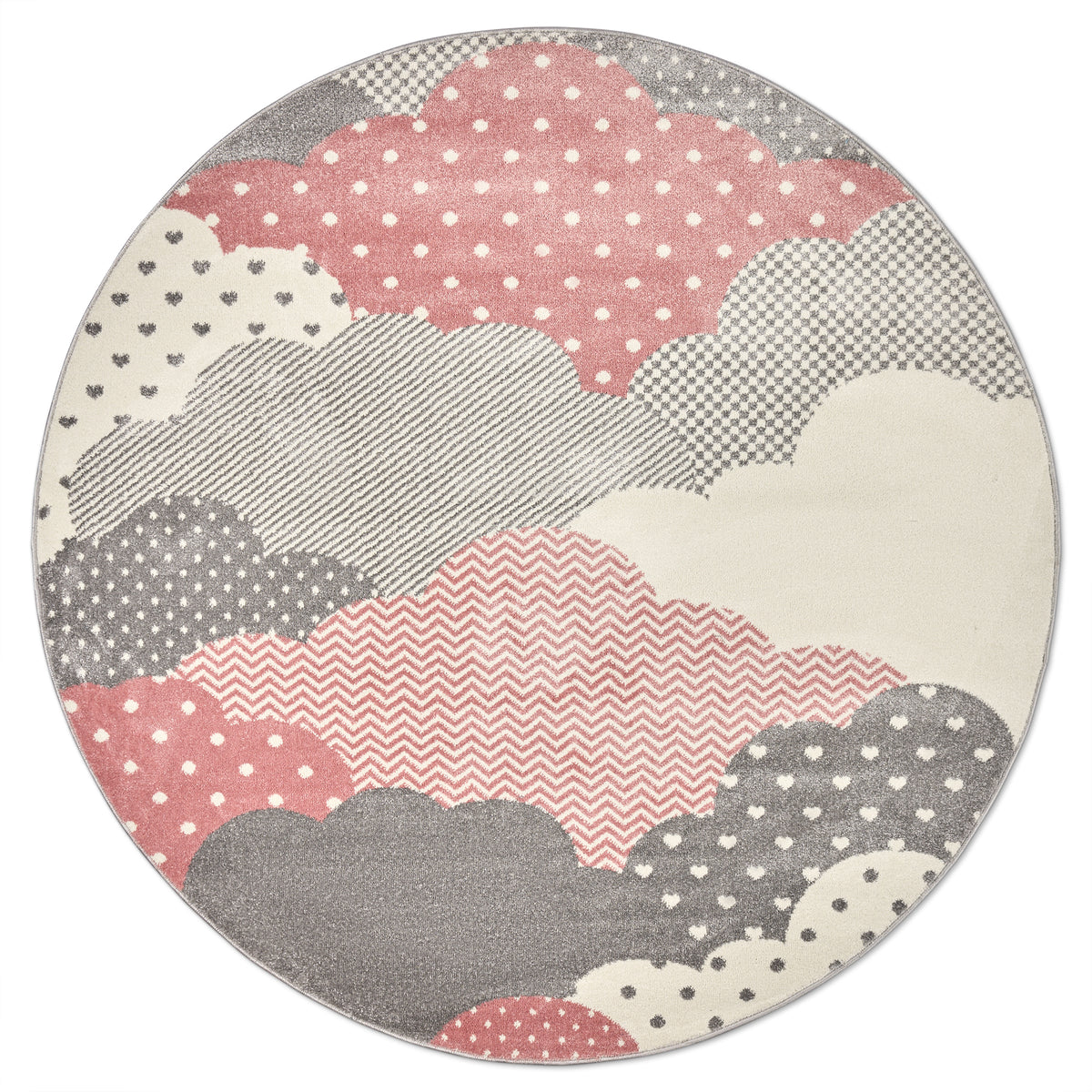 Bambi Pink and Grey Clouds Kids Rug, Soft 13mm Pile Nursery and Playroom Rug, Hessian Backed, Round Sizes