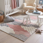 Bambi Pink and Grey Clouds Kids Rug, Soft 13mm Pile Nursery and Playroom Rug, Hessian Backed, Round Sizes