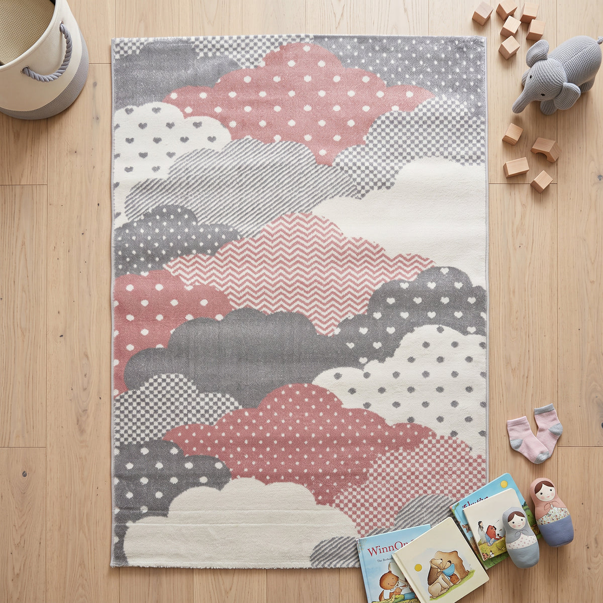 Bambi Pink and Grey Clouds Kids Rug, Soft 13mm Pile Nursery and Playroom Rug, Hessian Backed, Round Sizes