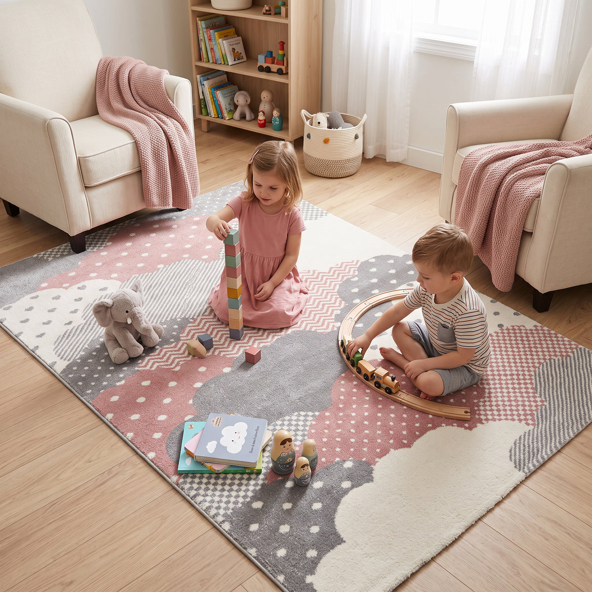 Bambi Pink and Grey Clouds Kids Rug, Soft 13mm Pile Nursery and Playroom Rug, Hessian Backed, Round Sizes