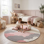 Bambi Pink and Grey Clouds Kids Rug, Soft 13mm Pile Nursery and Playroom Rug, Hessian Backed, Round Sizes