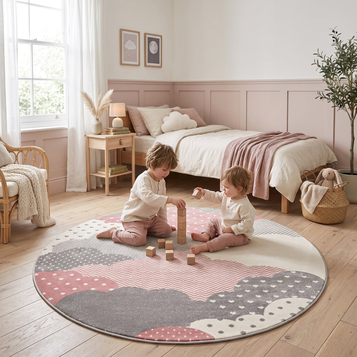 Bambi Pink and Grey Clouds Kids Rug, Soft 13mm Pile Nursery and Playroom Rug, Hessian Backed, Round Sizes
