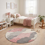 Bambi Pink and Grey Clouds Kids Rug, Soft 13mm Pile Nursery and Playroom Rug, Hessian Backed, Round Sizes
