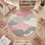 Bambi Pink and Grey Clouds Kids Rug, Soft 13mm Pile Nursery and Playroom Rug, Hessian Backed, Round Sizes